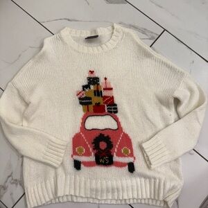 Wooden Ships Cream Christmas Sweater with Pink Car Design